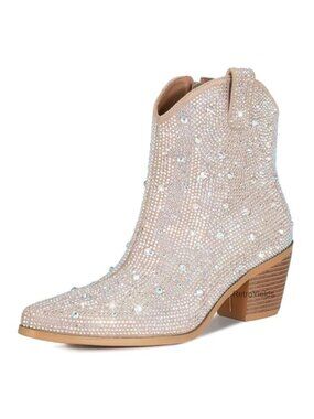 Rhinestone Cowboy Boots Glitter Chunky Heel Sparkly Cowgirl Ankle Boots